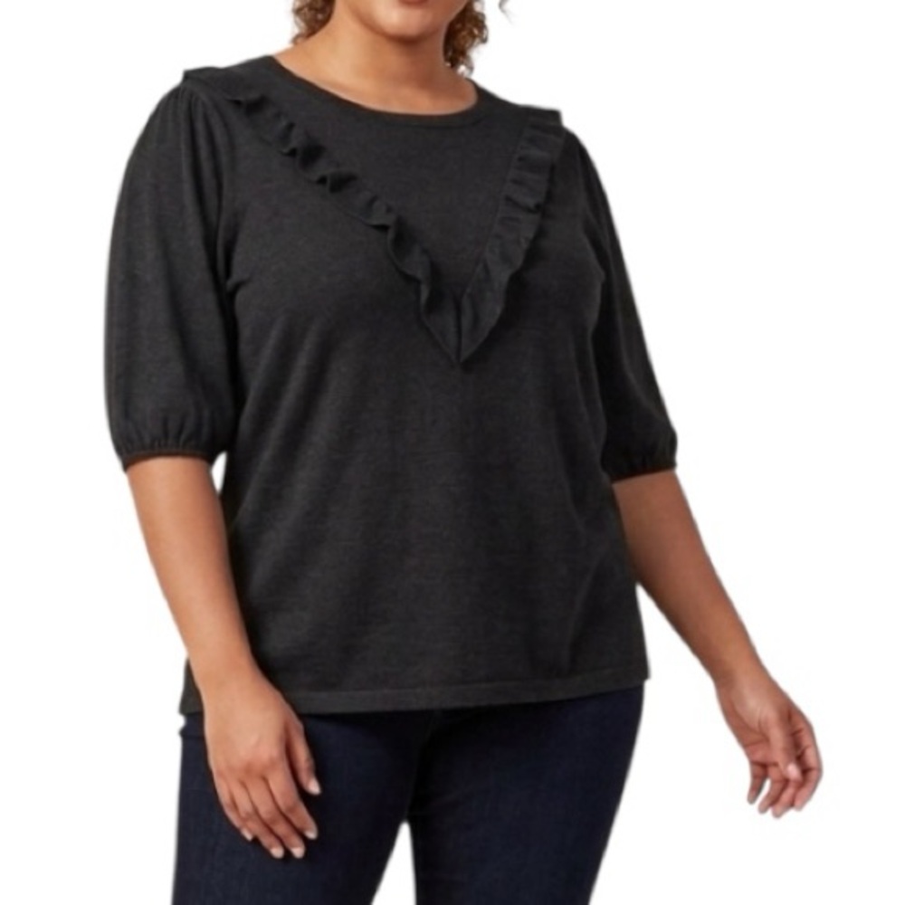 J. Crew Plus Black 100% Cotton Ruffle
Front Puff Sleeve Stretchy Knit Blouse 2X
